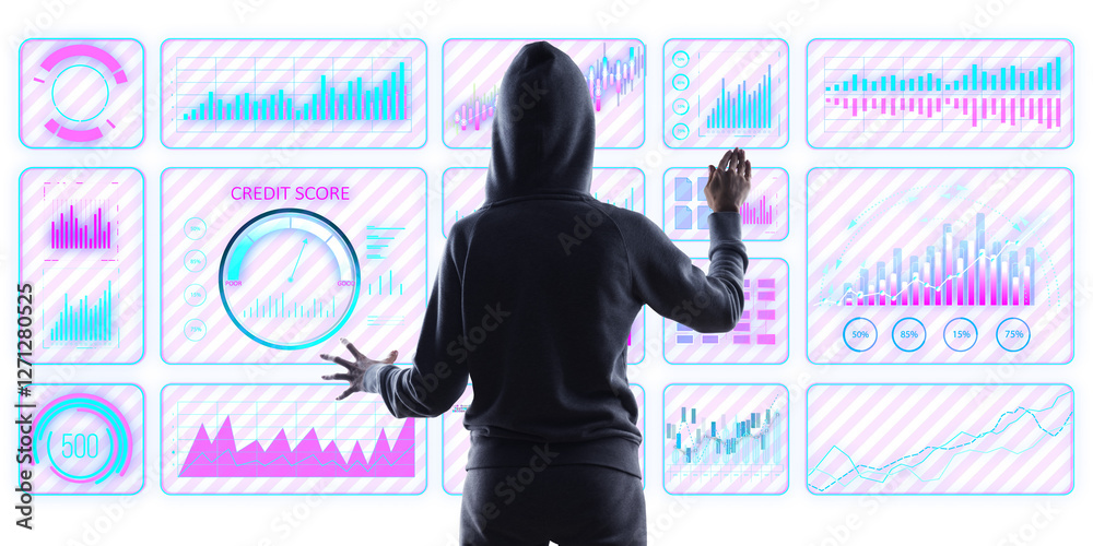 Leinwandbilder Anonymous hacker in hoodie accessing digital financial interface with futuristic graphs and charts, representing cybersecurity threats and data breaches
