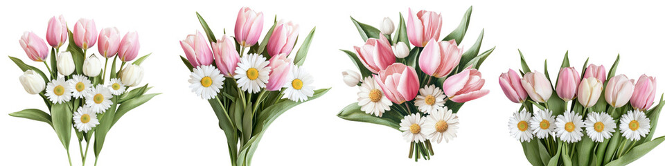 Naklejka premium Vibrant Bouquet of Pink Tulips and Daisies Showcasing the Beauty of Spring Florals A collection of fresh delicate blooms in a stunning floral arrangement perfect for home decor gifts