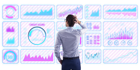 Businessman in rear view scratching head while analyzing financial charts on futuristic digital interface, isolated on white background
