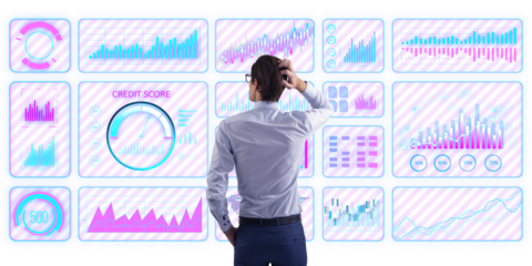 Businessman in rear view scratching head while analyzing financial charts on futuristic digital interface, isolated on white background