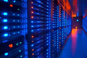 Brightly lit server room with blue and orange lights, showcasing advanced technology and equipment