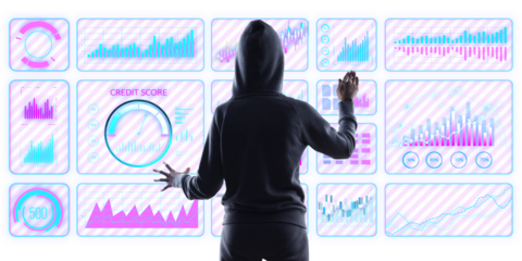 Anonymous hacker in hoodie accessing digital financial interface with futuristic graphs and charts, representing cybersecurity threats and data breaches