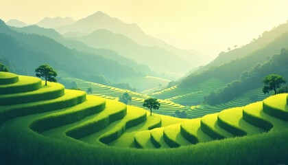Fototapeta premium Green rice terraces cascade down hillsides forming beautiful landscape. Idyllic rural scenery ideal for backgrounds, travel photos featuring agriculture. Valley surrounded by mountains.