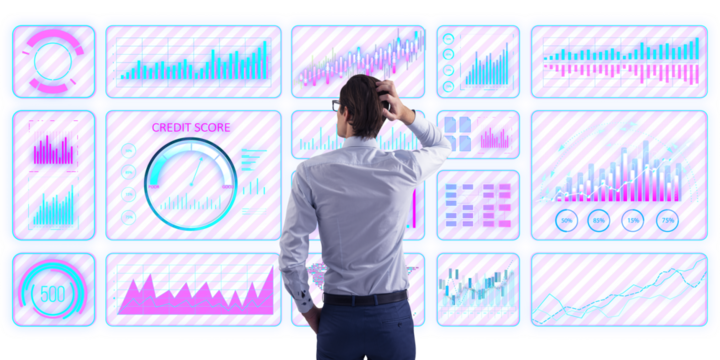 Businessman in rear view scratching head while analyzing financial charts on futuristic digital interface, isolated on white background