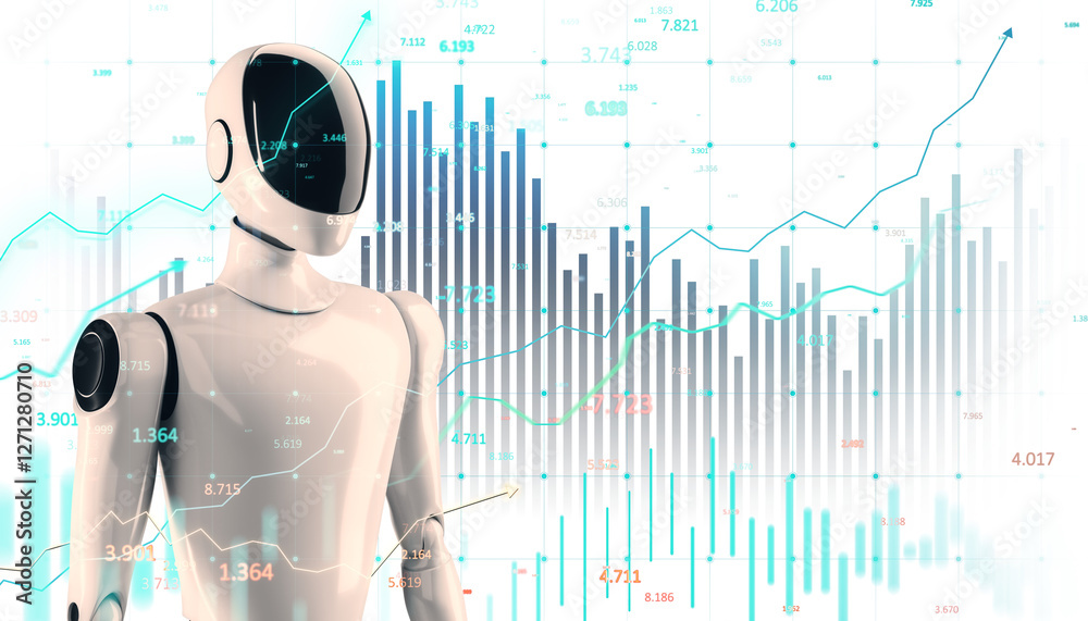 Aufkleber Humanoid robot with digital financial graphs and data visualizations in the background. Futuristic concept of AI-driven business and automation. 3D Rendering.