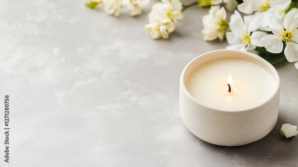 Poster serene aromatic candle surrounded by delicate white flowers on a soft grey surface : generative ai