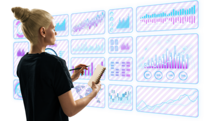 Businesswoman analyzing digital financial charts on futuristic interface, taking notes. Concept of data analysis and business strategy