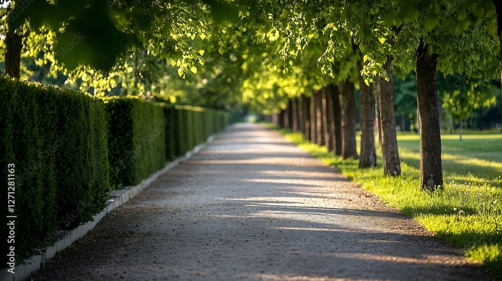 Poster Quiet pathway lined with tall trees showcasing sunlight filtering through leaves : Generative AI