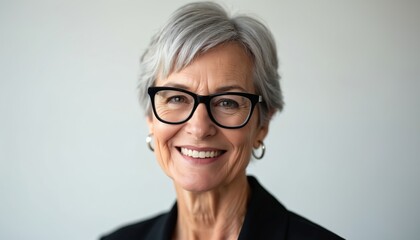 Fototapeta premium Headshot portrait of confident senior woman with grey short hair in glasses wearing black jacket against light background. Smiling elderly woman. Successful mature businesswoman shows natural beauty