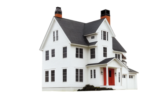 Modern white house with red door. Transparent background png.