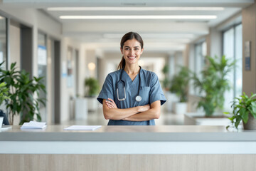 Healthcare professional in scrubs poses confidently at a hospital reception desk in a bright and modern environment