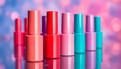 Fototapeta premium Nail polish bottles stacked on top of each other against a pink and blue background.