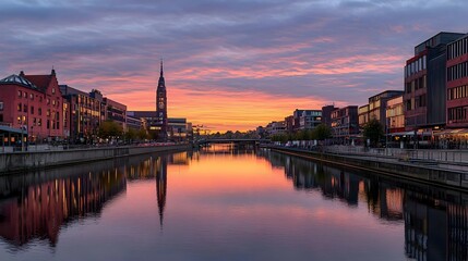 Fototapeta premium Vibrant Sunset over City River Reflection