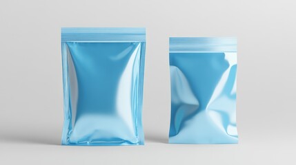 of two soft blue blank foil food Pouch packaging mockups on a white background.