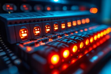 Illuminated server equipment showcasing active connections in a data center environment