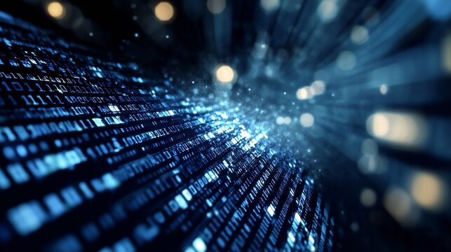 Dynamic binary code stream glowing in blue with light particles in a digital world : Generative AI