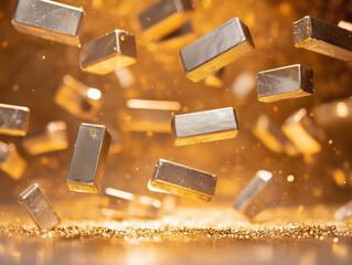 Floating gold ingots create mesmerizing scene against shimmering golden background, evoking sense of luxury and wealth. dynamic arrangement adds to visual appeal