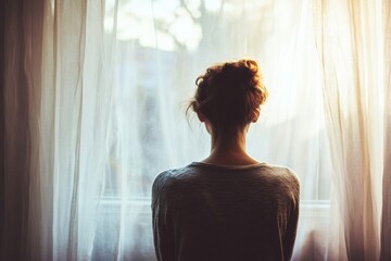 person staring out of a large window, lost in thought, with soft light and a serene atmosphere, minimal background with copy space