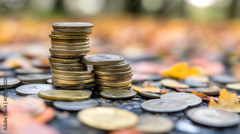 Leinwandbilder a stack of coins resting on a layer of autumn leaves capturing the essence of savings and finance : 