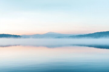 pastel serene landscape with fog rolling over a quiet lake at dawn, evoking a demure and contemplative atmosphere, minimal background with copy space