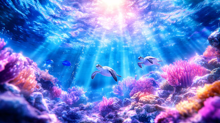 Naklejka premium Sea turtles swim in vibrant coral reef, sun rays illuminating ocean floor; underwater scene, nature documentary