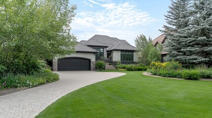 Fototapeta premium Modern Suburban House with Green Lawn and Stone Driveway
