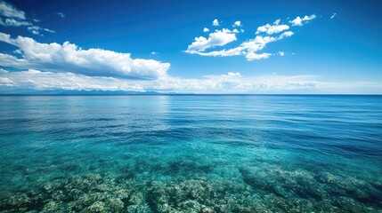 Fototapeta premium A clear sea horizon, the bright blue waters merging with the sky in a serene and calm view.