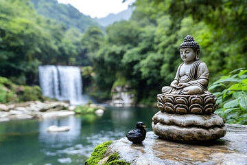 Serene Buddha statue by waterfall, nature background, meditation