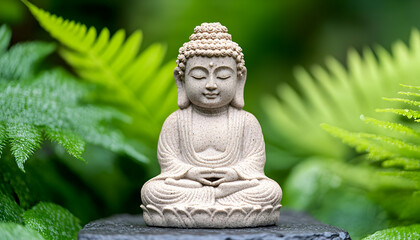 Obraz premium Serene Buddha statue in lush garden, peaceful meditation, nature backdrop, ideal for wellness