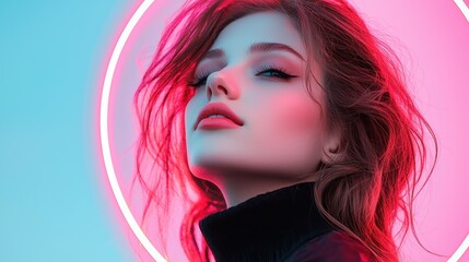 Fototapeta premium A portrait of a woman with glowing light flares around her, creating a halo effect and adding a sense of mystique and beauty.