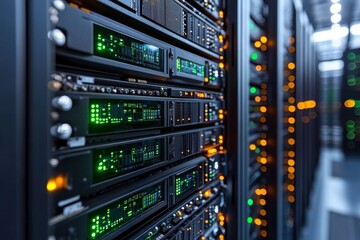 Data center filled with high-performance servers operating in a modern facility with vibrant indicator lights