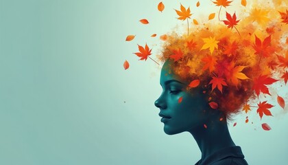 Surreal profile of thinking woman with autumn leaves instead of hair on light background. World Mental Health Day concept. Mental health awareness, emotional support and psychological help.