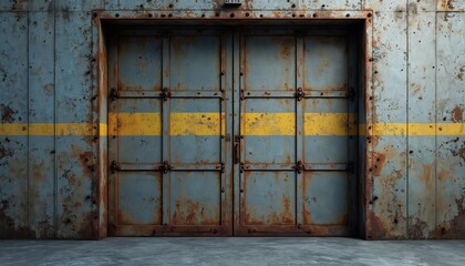 Illustration of rusty old metal garage door with yellow stripes. Aged textured grunge surface, weathered paint, peeling texture, vintage industrial background. Urban decay, retro style, abandoned