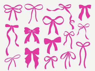 Set of Coquette whimsical hand-drawn pink blue orange green color bows knots and wavy squiggle curly ribbons in trendy, vintage styles. Perfect for quirky holiday, wedding, birthday gift decorations