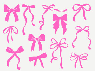 Set of Coquette whimsical hand-drawn pink blue orange green color bows knots and wavy squiggle curly ribbons in trendy, vintage styles. Perfect for quirky holiday, wedding, birthday gift decorations
