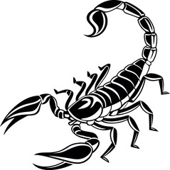 Minimalistic Black Silhouette Vector Illustration of a Scorpion with Raised Tail, Desert Creature, Dangerous Animal, Fearsome Insect, Venomous Wildlife, Sharp Stinger, and Powerful Nature Art.