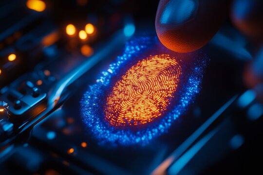 Fingerprint scanning technology in action; a close-up view of a biometric verification process - Powered by Adobe