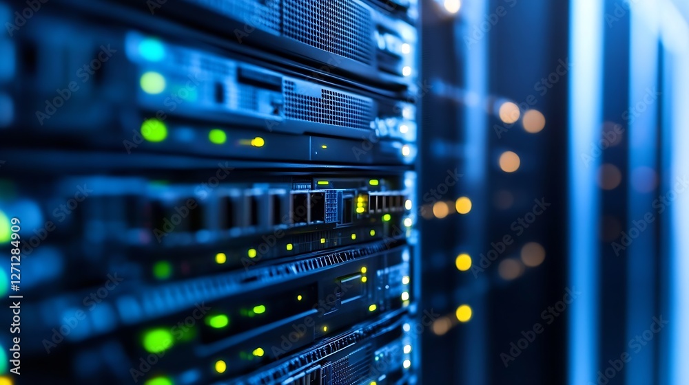 Fototapete Close up view of modern server racks with illuminated lights in a data center : Generative AI