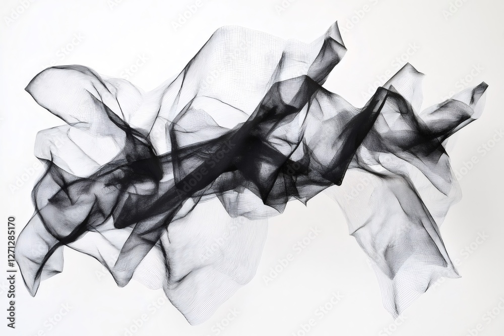 Wall mural chaotic black wireframe mesh creating an abstract, dynamic and flowing shape on a clean white backgr