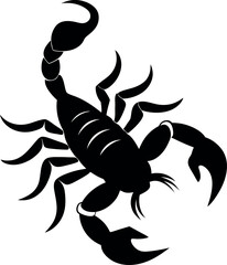 Minimalistic Black Silhouette Vector Illustration of a Scorpion with Raised Tail, Desert Creature, Dangerous Animal, Fearsome Insect, Venomous Wildlife, Sharp Stinger, and Powerful Nature Art.