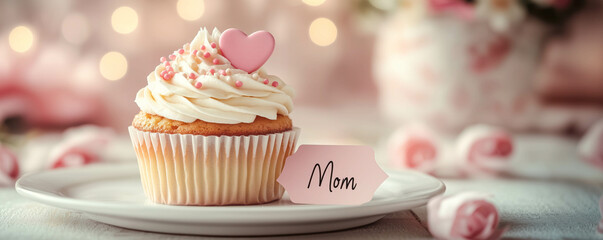 A single cupcake with a small pink heart topper placing on a simple white plate and a handwritten 'Mom' tag siting next to it. Mother's day and birthday concept.