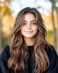 Smiling woman, autumn park, portrait, happy