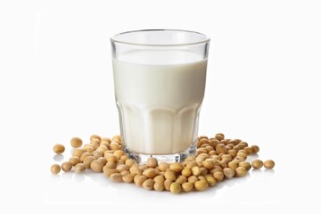 A glass of soy milk with soybeans isolated on white background with clapping path full of depth of field 