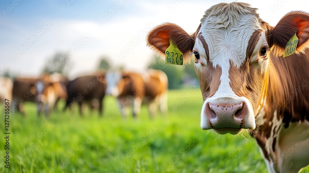 Poster Close Up of a Curious Cow in a Grassy Pasture with Bokeh Effect in the Background : Generative AI