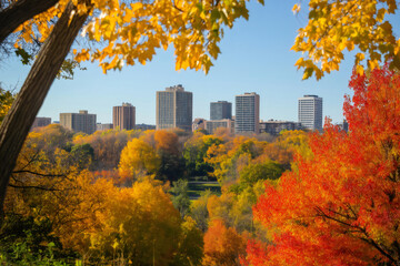 Colorful autumn leaves create a vibrant frame around a distant city skyline, showcasing the beauty of the fall season