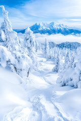 Obraz premium Snowy mountain path, winter wonderland, scenic view, travel poster