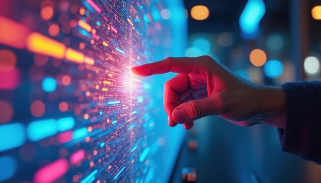 Hand touches colorful digital display screen with vibrant neon lights, futuristic interface. Tech interaction effect, dynamic communication. Modern user, cyber datum, panel advance connectivity
