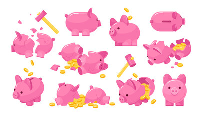 Piggy bank with golden coin financial budget savings investment set isometric vector illustration