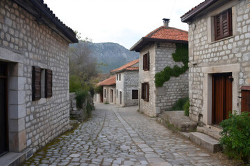 Obraz premium Winding cobblestone street passing traditional stone houses captures the timeless charm of a quaint European village