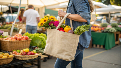 Young woman holding a reusable tote bag filled with colorful fruits and flowers at a vibrant farmers market, surrounded by fresh produce and bustling activity